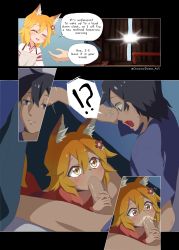 !? 1boy 1girl ^^^ absurdres animal_ears black_hair blonde_hair blush chromodomo comic cum cum_in_mouth english_text fellatio flower fox_ears hair_between_eyes hair_flower hair_ornament half-closed_eyes handjob hetero highres loli looking_at_another nakano_(sewayaki_kitsune_no_senko-san) oral senko_(sewayaki_kitsune_no_senko-san) sewayaki_kitsune_no_senko-san sitting speech_bubble twitter_username under_covers yellow_eyes rating:Explicit score:640 user:Domestic_Importer