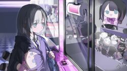  1girl adapted_costume bag blue_eyes checkered_floor crane_game dim_lighting dow_suitable highres jacket kaga_nazuna kaga_sumire kaga_sumire_(2nd_costume) lupinus_virtual_games medium_hair mole mole_under_eye necktie parted_bangs purple_jacket purple_necktie shirt shoulder_bag solo stuffed_toy upper_body virtual_youtuber vspo! white_hair white_shirt 
