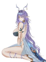  1girl antlers blue_eyes breasts cleavage deer_antlers dress eyebrows_hidden_by_hair eyes_visible_through_hair full_body genshin_impact gold_armlet gold_choker hair_over_one_eye high_heels highleg highleg_dress highres horns jewelry large_breasts lauma_(genshin_impact) leaf_dress lipstick long_hair looking_at_viewer makeup pink_lips pointy_ears purple_hair s7nsles seiza sitting smile solo strap teeth thighs very_long_hair white_background white_dress 