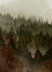  artist_name bird fog forest landscape light_particles nature no_humans original outdoors painterly rain scenery signature tit_(bird) tree zandra 