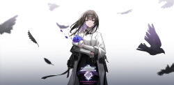  1girl absurdres arknights black_hairband black_pantyhose bouquet brown_hair chinese_commentary closed_mouth coat colored_inner_hair commentary_request cowboy_shot feathers floating_hair flower gradient_background grey_background hairband highres holding holding_bouquet lab_coat long_hair long_sleeves looking_at_viewer multicolored_hair open_clothes open_coat pantyhose partial_commentary petals priestess_(arknights) prts_logo_(arknights) purple_eyes purple_flower purple_hair qilin1213 smile solo standing sweater turtleneck turtleneck_sweater white_background white_coat white_sweater wind 