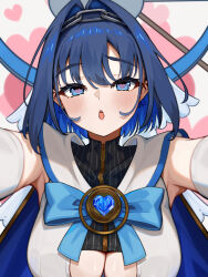  1girl absurdres black_shirt blue_bow blue_bowtie blue_cape blue_eyes blue_hair bow bow_earrings bowtie breasts brooch cape chain chain_headband colored_inner_hair commentary cropped_shirt earrings fanged_bangs h4kuuua_0 hair_intakes halo heart heart-shaped_gem heart-shaped_pupils highres hololive hololive_english jewelry large_breasts looking_at_viewer mechanical_halo multicolored_hair open_mouth ouro_kronii ouro_kronii_(1st_costume) pinstripe_pattern pinstripe_shirt reaching reaching_towards_viewer shirt short_hair solo symbol-shaped_pupils teeth underboob upper_teeth_only veil vest virtual_youtuber white_veil white_vest 