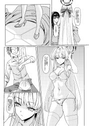  1boy 2girls alternate_hairstyle bare_shoulders blue_archive blunt_bangs blush bow breasts cleavage clothes_pull coat doodle_sensei_(blue_archive) elbow_gloves gloves greyscale hair_behind_ear hair_bow hair_ornament hairclip halo high_heels highres imminent_fellatio long_hair looking_at_another monochrome multiple_girls navel pants pants_pull rio_(blue_archive) sensei_(blue_archive) shirt short_hair shougun_(chuckni1) stomach thighhighs toki_(blue_archive) trench_coat underwear underwear_only 