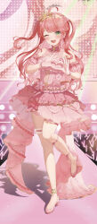  1girl four-finger_heart_hands absurdres ahoge anklet blush frilled_thigh_strap choker concert cross-laced_clothes cross-laced_dress detached_sleeves dress earrings flower flower_earrings frilled_choker frills full_body glass_slipper glowstick green_eyes hair_ornament hairclip hanazawa_ma heart heart_hands high_heels highres holding holding_glowstick hololive idol jewelry layered_dress long_hair monitor no_socks official_alternate_costume one_eye_closed open_mouth pink_flower pink_hair sakura_miko sakura_miko_(flower_fantasista!) shadow solo stage stage_lights standing standing_on_one_leg thigh_strap tiara tilted_headwear virtual_youtuber  rating:General score:3 user:danbooru
