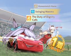  1boy 1girl animal_ears blunt_bangs bow car cars_(movie) commentary cosplay crossover dress ear_bow ear_covers english_commentary english_text full_body gameplay_mechanics gloves gold_ship_(umamusume) grass highres horse_ears horse_girl horse_tail lightning_mcqueen littleclevie long_hair looking_at_another mejiro_mcqueen_(umamusume) mejiro_mcqueen_(umamusume)_(cosplay) motor_vehicle name_connection outdoors pillbox_hat purple_eyes red_dress running stadium tail umamusume white_gloves 