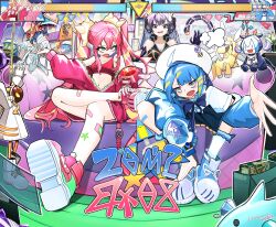  3girls absurdres ahoge bandages black_gloves blue-eyes_toon_dragon blue-eyes_white_dragon blue_boots blue_bow blue_eyes blue_jacket blush boots bow box breasts brown_eyes brown_hair cleavage coach collarbone crop_top duel_disk duel_monster fake_tail fighting_game figure_four_sitting gloves health_bar highres i:p_masquerena jacket ki-sikil_(yu-gi-oh!) knees_apart_feet_together knightmare_unicorn large_breasts laundry_dragonmaid leaning_forward lil-la_(yu-gi-oh!) live_twin_ki-sikil live_twin_lil-la long_sleeves looking_at_another medium_breasts midriff multiple_girls navel open_mouth pink_boots pink_hair pink_jacket pink_nails pot_of_greed signature sitting smile spright_red stuffed_toy tail virtual_youtuber xinggong_shili yu-gi-oh! 