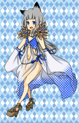  1girl animal_ears argyle_background blue_background blue_dress blue_eyes blunt_bangs blush brown_sandals commentary_request dress fox_ears fox_girl full_body fur_collar grey_hair long_hair looking_at_viewer meiko_(nattu303) navel open_mouth platform_sandals ragnarok_online sandals short_bangs sleeveless sleeveless_dress smile solo sorcerer_(ragnarok_online) white_dress 