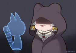  1girl animal animal_ears beleven black_background bow bowtie cat cat_ears cat_girl cat_tail extra_ears geoffroy&#039;s_cat_(kemono_friends) grey_hair highres hood kemono_friends kemono_friends_v_project long_hair microphone parody ribbon shirt simple_background star_wars tail twintails virtual_youtuber 