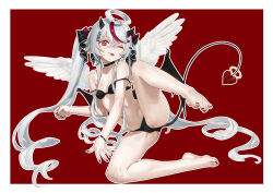  1girl agemmata alternate_costume alternate_hairstyle alternative_version_available black_bow black_bra black_horns black_panties bow bra crossed_bangs demon_tail feathered_wings feet full_body grey_hair hair_between_eyes hair_bow hair_ornament hair_spread_out hairclip highres horns long_sidelocks lying multicolored_hair nail_polish one_eye_closed one_leg_raised panties phase_connect pointy_ears red_background red_bow red_eyes red_hair remilia_nephys sidelocks solo spread_toes streaked_hair tail tail_ornament toe-point toenail_polish toenails toes tongue tongue_out underwear very_long_sidelocks virtual_youtuber white_wings wiggling_toes wings wink  rating:Sensitive score:16 user:Nao