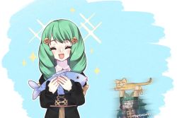 2girls alternate_costume animal animal_ears arms_up braid cat cat_ears cherrymintlove closed_eyes fire_emblem fire_emblem:_three_houses fish flayn_(fire_emblem) garreg_mach_monastery_uniform green_hair hair_ornament holding holding_animal holding_cat holding_fish long_hair long_sleeves multiple_girls nintendo open_mouth simple_background sothis_(fire_emblem) twin_braids upper_body rating:Sensitive score:5 user:danbooru