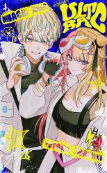  1boy 1girl black_camisole black_gloves black_ribbon black_shirt blonde_hair blue_background blue_eyes blue_hair bracelet breasts camisole character_name chest_harness claw_pose cleavage closed_mouth coat collarbone commentary crop_top eyelashes fingerless_gloves fingernails gloves goggles goggles_on_head grid_background grin hair_between_eyes hair_bun hair_intakes hair_ornament hair_ribbon hairclip hand_up harness headphones headphones_around_neck heart hibachi_mana highres jacket jewelry jing_(0r1_4) kotoka_torahime large_breasts lightning_bolt lightning_bolt_hair_ornament lightning_bolt_symbol long_fingernails long_hair long_sleeves looking_at_viewer multicolored_eyes multicolored_hair nail_polish nijisanji nijisanji_en open_clothes open_coat open_jacket pink-tinted_eyewear pink_hair pink_nails pocket ribbon shirt short_hair single_side_bun smile spaghetti_strap sparkle split-color_hair streaked_hair symbol-only_commentary tinted_eyewear turtleneck two-tone_hair virtual_youtuber white_coat white_jacket x_hair_ornament yellow-tinted_eyewear yellow_eyes 