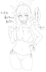  1girl :o absurdres ako_(blue_archive) bell bikini blue_archive blush bow breasts clenched_hand commentary_request cropped_legs greyscale hair_bow hairband halo hand_on_own_hip hand_up highres holding holding_notebook huge_breasts long_hair looking_at_viewer monochrome navel neck_bell notebook open_mouth side-tie_bikini_bottom sketch solo speech_bubble standing stomach straight-on string_bikini sweat swimsuit takapachi.jp translation_request v-shaped_eyebrows wavy_hair 