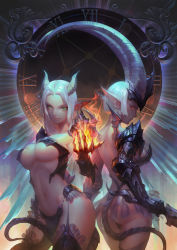 2girls armor armored_boots arms_at_sides ass back back-to-back bare_back black_footwear black_panties bob_cut boots breasts closed_mouth cowboy_shot demon_girl demon_horns demon_tail demon_wings fire flaming_hand frilled_skirt frills gauntlets green_eyes headpiece highres horns large_breasts long_hair looking_at_viewer magic_circle microskirt mini_wings multiple_girls navel original panties parted_bangs pentagram pointy_ears profile red_eyes revealing_clothes roman_numeral see-through_clothes short_hair sideboob skirt smile stomach tail thigh_boots thighhighs underboob underwear white_hair wings xiao_duzi rating:Questionable score:35 user:danbooru