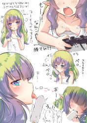  1girl ? absurdres ameth_(princess_connect!) aono_(f_i_s) bare_arms bare_shoulders breasts cleavage close-up collarbone commentary_request controller cropped_torso downblouse dress faceless faceless_female food game_controller green_hair highres holding holding_food ice_cream licking long_hair multicolored_hair multiple_views nipple_slip nipples no_bra playstation_controller pointy_ears princess_connect! purple_hair simple_background sleeveless sleeveless_dress small_breasts tongue tongue_out translation_request two-tone_hair white_background white_dress  rating:Questionable score:61 user:danbooru