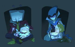  1boy 1other 2girls ant_tenna antlers black_pants black_shoes blonde_hair blue_gloves brown_hair commentary computer controller deer_antlers deer_girl deltarune furry furry_female gloves hair_over_eyes highres holding holding_remote_control horns index_finger_raised jacket kris_(deltarune) laptop multiple_girls necktie noelle_holiday object_head open_mouth pants pointy_nose queen_(deltarune) red_jacket remote_control shoes short_hair smile symbol-only_commentary wraith615 yellow_necktie yellow_shoes 