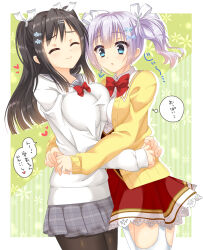  2girls :o ^_^ ahoge amairo_islenauts arms_around_waist arrow_(symbol) asymmetrical_docking black_hair black_pantyhose blue_eyes blue_hair blunt_bangs blunt_ends blush border bow bowtie breast_conscious breast_press breasts butterfly_hair_ornament cardigan closed_eyes closed_mouth collared_shirt commentary_request company_connection cowboy_shot crossover drop_shadow dutch_angle eyes_visible_through_hair furrowed_brow fuyukichi_(nikoniko1567) green_background grey_sailor_collar grey_skirt hair_between_eyes hair_ornament hair_ribbon hairclip happy heart highres hug lace lace-trimmed_skirt lace_trim large_breasts long_hair looking_at_breasts looking_down medium_hair miniskirt multiple_girls open_cardigan open_clothes open_mouth outside_border pantyhose parallel_hairclips plaid_clothes plaid_skirt pleated_skirt red_bow red_bowtie red_skirt ribbon sailor_collar sanoba_witch school_uniform serafuku shiraga_airi shirt sidelocks simple_background skirt sleeves_past_wrists small_breasts smile sound_effects speech_bubble split_mouth sweater thighhighs thought_bubble togakushi_touko translation_request twintails two_side_up white_border white_ribbon white_shirt white_sweater white_thighhighs yellow_cardigan yuzu-soft zettai_ryouiki 