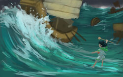  1girl black_hair boat commentary_request day faceless faceless_female full_body hishaku murasa_minamitsu no_headwear ocean overcast ritsuzou sail ship shirt short_hair shorts sky solo standing standing_on_liquid touhou water watercraft waves white_shirt white_shorts 