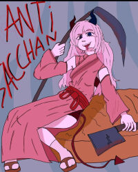 anti-version axe blood dangerous_woman demon_girl demon_horns demon_tail horns isekai_shikkaku kimono_partially_removed sacchan_(isekai_shikkaku) sythe tail