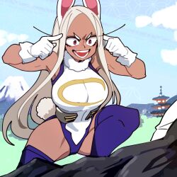  1girl absurdres animal_ears bare_shoulders blue_sky boku_no_hero_academia bongfill breasts commentary crescent_print dark-skinned_female dark_skin english_commentary finger_to_head fur_collar gloves highleg highleg_leotard highres invincible_(series) japan large_breasts leotard long_eyelashes long_hair looking_at_another meme mirko mount_fuji open_mouth parted_bangs pointing pointing_at_self purple_thighhighs rabbit_ears rabbit_girl rabbit_tail red_eyes sky sleeveless_turtleneck_leotard solo tail taut_leotard thick_thighs thighhighs thighs think_mark_think!_(meme) toned toned_female v-shaped_eyebrows very_long_hair white_gloves white_hair white_leotard 