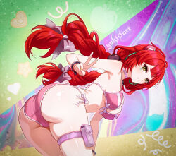  1girl ahoge ass ass_focus bare_shoulders bikini blush bow braid breasts cameltoe come_hither from_behind green_eyes grin hair_bow leaning leaning_forward long_hair looking_at_viewer looking_back naughty_face parted_lips red_hair smile solo swimsuit twin_braids ukinami_yuzuha very_long_hair yuki0_art zenless_zone_zero  rating:Sensitive score:2 user:armorcrystal