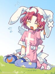  1girl ahoge animal_ears arm_up blush_stickers bow closed_eyes flying_sweatdrops full_body gloves hair_bow highres nakahara_komugi nm_shirasu nurse_witch_komugi-chan on_grass open_mouth outdoors pink_hair rabbit_ears sitting solo twitter_username wariza wings 