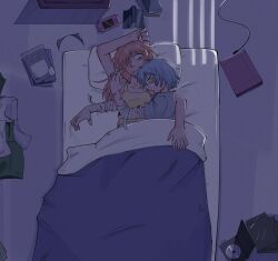  2girls absurdres ayanami_rei bandages bed blanket blue_eyes blue_hair blue_shirt blush book camisole clothes_on_floor collarbone computer cuddling dvd_(object) dvd_case handheld_game_console highres interface_headset_(evangelion) jwrry01 laptop multiple_girls neon_genesis_evangelion night on_bed playstation_portable red_hair shirt sleeping souryuu_asuka_langley tank_top under_covers yellow_camisole yellow_tank_top yuri 