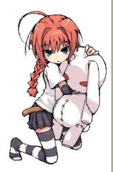  1girl :&lt; ahoge black_skirt blue_eyes braid closed_mouth elbow_pads frown full_body hair_intakes holding holding_stuffed_toy jaggy_lines kneeling long_hair lowres lyrical_nanoha miniskirt no_shoes noroi_usagi oekaki pleated_skirt red_hair shirt short_sleeves simple_background skirt striped_clothes striped_thighhighs stuffed_animal stuffed_rabbit stuffed_toy thighhighs twin_braids two-tone_thighhighs vita_(nanoha) white_background white_shirt xyz 