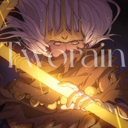 1boy artist_name bandaged_arm bandages black_background brown_cape cape commentary commission crown dark_souls_(series) dark_souls_iii english_commentary fingernails gold_crown gold_necklace highres holding holding_polearm holding_weapon jewelry light_particles looking_down male_focus nameless_king necklace polearm portrait solo tworain_w watermark weapon white_hair yellow_eyes 