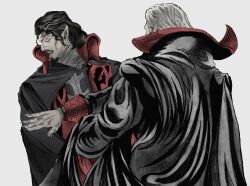  2boys alucard_(castlevania) black_coat black_hair castlevania_(series) closed_eyes coat colored_skin commentary commission darianbelmont dracula_(castlevania) english_commentary fingernails grey_background grey_hair grey_skin highres long_fingernails long_sleeves male_focus meme multiple_boys parody pointy_ears simple_background upper_body will_smith_slapping_chris_rock_(meme) 