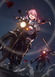  2girls alternate_breast_size artist_request baseball_bat bocchi_the_rock! breasts broken_glass crying crying_with_eyes_open curvy drifting floating floating_hair glass gotoh_hitori highres huge_breasts ijichi_nijika motion_blur motion_lines motor_vehicle motorcycle multiple_girls night non-web_source riding scared school_uniform see-through_clothes serafuku smoke smug source_request speed_lines sweatdrop tears thick_thighs thighhighs thighs torn_clothes torn_thighhighs traffic_cone wavy_mouth 