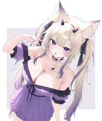  1girl absurdres animal_ear_fluff animal_ears black_ribbon blonde_hair blurry border breasts center-flap_bangs choker cleavage collarbone commission depth_of_field dress dutch_angle frilled_dress frills from_above gradient_hair grey_background hair_ribbon hand_up highres horns indie_virtual_youtuber large_breasts light_blush long_hair looking_at_viewer mano_mueru multicolored_hair namedango_(uouodango) o-ring o-ring_choker off-shoulder_dress off_shoulder outside_border purple_dress purple_eyes purple_hair purple_horns ribbon second-party_source skeb_commission solo streaked_hair twintails very_long_hair virtual_youtuber white_border 