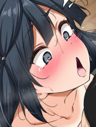  1boy 1girl black_hair blush close-up collarbone drooling grey_eyes heart heart-shaped_pupils heavy_breathing implied_sex long_hair love_live! love_live!_nijigasaki_high_school_idol_club nude on_person open_mouth saliva short_hair sweat symbol-shaped_pupils tearing_up tongue wide-eyed yopparai_oni yuki_setsuna 