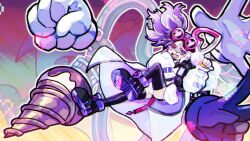  1girl black_hair drill duel_monster gloves goggles goggles_on_head heart highres lab_coat long_sleeves mechanical_arms multicolored_hair necktie okirune_(yappa_neruwa) open_mouth pink_eyes smile solo thighhighs two-tone_hair v vanquish_soul_dr._mad_love white_hair yu-gi-oh! 