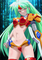  1girl absurdres ahoge armor bikini_armor character_request crime_crackers cyborg fingerless_gloves gloves green_hair highres long_hair looking_at_viewer mechanical_arms navel red_armor single_mechanical_arm solo toku_sonchou yellow_eyes 