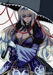  1girl alternate_costume black_hairband black_umbrella blonde_hair breasts brooch chinese_commentary cleavage commentary_request cowboy_shot disembodied_eye dress gap_(touhou) gloves hairband highres holding holding_umbrella huanyizi jewelry koumajou_densetsu koumajou_densetsu_2 lace-trimmed_umbrella large_breasts long_hair open_mouth purple_dress purple_eyes smile solo touhou umbrella white_gloves wide_sleeves yakumo_yukari 