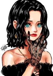  1girl bare_shoulders black_hair blue_eyes closed_mouth commentary earrings eyeshadow gloves highres jewelry looking_ahead makeup medium_hair necklace original red_lips red_nails see-through_clothes see-through_gloves sherumaru_(korcht06) signature simple_background solo upper_body wavy_hair white_background 