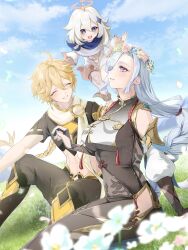  1boy 2girls absurdres aether_(genshin_impact) arano_(waikuni11) black_bodysuit blonde_hair blue_hair bodystocking bodysuit braid breast_curtain clothing_cutout covered_navel genshin_impact hair_over_one_eye highres hip_vent long_hair low-braided_long_hair low-tied_long_hair multiple_girls paimon_(genshin_impact) shenhe_(genshin_impact) shoulder_cutout smile 