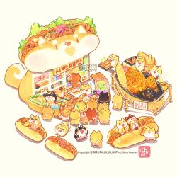  2025 ^_^ animal_ears artist_name baguette basket bread closed_eyes commentary_request cooking copyright_notice eating flying_sweatdrops food food_focus hot_dog korean_commentary korean_text no_humans noodles original ramen shiba_inu shop sign simple_background sweatdrop talbi watermark white_background 