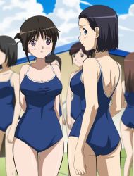  2girls anime_screenshot ass b-gata_h-kei blue_eyes blush breasts cleavage highres looking_back medium_breasts miyano_mayu multiple_girls one-piece_swimsuit purple_eyes school_swimsuit short_hair stitched swimsuit takeshita_miharu third-party_edit  rating:Questionable score:65 user:danbooru