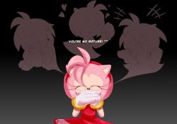  &gt;_&lt; 1girl amy_rose anger_vein angry animal_ears animal_nose blush censored closed_eyes closed_mouth covering_own_mouth depressed dress emi_(storminghearts) english_text excited eyelashes furry furry_female gloves hairband hands_up happy heart hedgehog highres jewelry lovestruck open_mouth own_hands_together personality_switch pink_fur pink_hair red_dress red_hairband sad sleeveless sleeveless_dress snout sonic_(series) white_gloves 