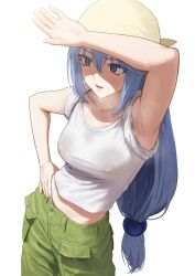  1girl aqua_(konosuba) arm_up armpits blue_eyes blue_hair breasts carlo_montie covered_erect_nipples hand_on_own_hip highres kono_subarashii_sekai_ni_shukufuku_wo! long_hair medium_breasts pants shirt solo steam steaming_body sweat sweaty_clothes wet wet_clothes wet_shirt  rating:Sensitive score:123 user:NisaNisaNii