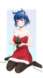  1girl :o absurdres alternate_costume animal_ear_fluff animal_ears bare_arms bare_shoulders black_collar black_pantyhose blue_background blue_hair blush border breasts cat_ears christmas_lights christmas_tree cleavage collar collarbone domestic_na_kanojo dress fang flower_pot full_body fur-trimmed_dress fur_trim gradient_background highres hjjg200 holding holding_flower_pot looking_at_viewer outside_border pantyhose red_dress red_eyes santa_costume santa_dress short_hair sitting skin_fang strapless strapless_dress tachibana_rui twitter_username wariza white_border 