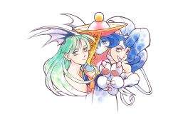  1990s_(style) 3girls absurdres animal_ears animal_hands bat_wings bengus blue_eyes blue_hair blue_skin breasts claws cleavage colored_skin darkstalkers demon_girl felicia_(darkstalkers) flipped_hair game_cg green_hair hat head_wings highres hsien-ko jiangshi medium_breasts monster_girl morrigan_aensland multiple_girls non-web_source official_art ofuda qingdai_guanmao retro_artstyle simple_background white_background wings 