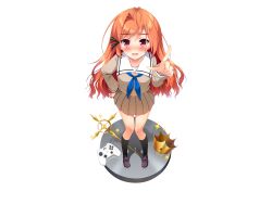  1girl antenna_hair black_socks blue_neckerchief blush brown_serafuku brown_shirt brown_skirt controller crown eyes_visible_through_hair foreshortening from_above full_body fuuga_himeno game_controller gamepad green_ribbon hair_ribbon hand_on_own_hip hand_up highres index_finger_raised kneehighs knees_together_feet_apart loafers long_hair long_sleeves looking_at_viewer lower_teeth_only miniskirt neckerchief official_art open_mouth orange_hair pleated_skirt pointing pointing_at_viewer promotional_art purple_shoes red_eyes ren&#039;ai_hajimemashite ribbon sailor_collar school_uniform serafuku shadow shirt shoes sidelocks simple_background single_hair_intake skirt socks solo sparkle standing straight-on swept_bangs tearing_up teeth transparent_background tress_ribbon wavy_hair white_sailor_collar yuunagi_seshina 