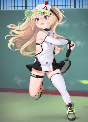 1girl ? ?? absurdres asymmetrical_legwear azur_lane bache_(azur_lane) bache_(showy_sports_star)_(azur_lane) ball black_panties blurry choker commentary covered_navel depth_of_field detached_sleeves dove_pixie highres holding holding_racket light_brown_hair long_hair looking_away looking_up mismatched_legwear official_alternate_costume panties pantyshot pleated_skirt ponytail purple_eyes racket shoes sidelocks skirt sneakers solo sportswear standing standing_on_one_leg steam tennis tennis_ball tennis_court tennis_racket tennis_uniform thick_eyebrows underwear uneven_legwear visor_cap rating:Sensitive score:229 user:danbooru
