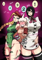  1boy 2girls absurdres angry annoyed asymmetrical_legwear black_eyes black_hair blonde_hair blue_eyes blush cammy_white clothed_female_nude_male clothed_sex comic double_thigh_sex english_text erection faceless faceless_male femdom film_grain hat highres moaning mosbles multiple_girls nude orgasm_counter heavy_breathing precum setena_(sumata_cafe) sex sound_effects speech_bubble street_fighter sweat tall_female_short_male taller_female thick_thighs thigh_sex thighs white_hair 