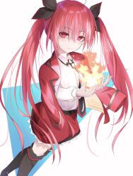 &gt;:) 1girl absurdres black_necktie black_ribbon black_thighhighs blush bright_pupils closed_mouth collar commentary_request dande_cat date_a_live feet_out_of_frame fingernails fire flat_chest frilled_skirt frills hair_between_eyes hair_ribbon half-closed_eyes highres itsuka_kotori jacket lips long_hair looking_at_viewer miniskirt necktie open_clothes open_hands red_hair red_jacket red_skirt ribbon shirt sidelocks simple_background skirt smile solo thighhighs twintails v-shaped_eyebrows very_long_hair white_background white_collar white_shirt zettai_ryouiki rating:General score:5 user:danbooru