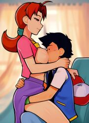 1boy 1girl ash_ketchum baseball_cap blue_jacket blue_pants blurry blurry_background breast_sucking breasts brown_hair clothes_lift commentary cowboy_shot delia_ketchum ditto english_commentary eyelashes fingerless_gloves gen_1_pokemon gloves grabbing_another&#039;s_ass green_gloves groping hat hetero highres implied_sex incest indoors jacket large_breasts lips loodncrood looking_at_another mature_female mother_and_son nintendo open_clothes open_jacket pants pokemon pokemon_(anime) pokemon_(classic_anime) ponytail purple_skirt redrawn shirt shirt_lift short_sleeves shota sitting sitting_on_lap sitting_on_person skirt spiked_hair straddling thighs transformed_ditto unworn_hat unworn_headwear upright_straddle yellow_shirt rating:Explicit score:515 user:danbooru