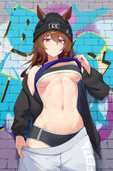  &gt;:( 1girl absurdres animal_ears baggy_pants beanie black_hat black_sports_bra blue_jacket blue_panties blue_tank_top boc&#039;z_(umamusume) breasts brick_wall brown_hair cai_ji_(user_jmrv4342) commentary cowboy_shot double-parted_bangs ears_through_headwear graffiti grey_pants groin hair_between_eyes hat highres horse_ears jacket lifting_own_clothes linea_alba looking_at_viewer medium_breasts nakayama_festa_(boc&#039;z_we\n)_(umamusume) nakayama_festa_(umamusume) official_alternate_costume panties pants pulling_own_clothes solo sports_bra sweatpants symbol-only_commentary tank_top toned toned_female umamusume underboob underwear v-shaped_eyebrows 
