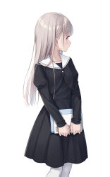  1girl black_dress blush commentary_request dress grey_eyes grey_hair highres light_smile long_hair looking_at_viewer na-ga original pantyhose profile sailor_collar sideways_glance simple_background solo white_background white_pantyhose white_sailor_collar 